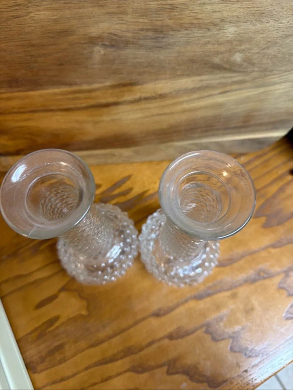 Set of 2 E.O. Brody Hobnail Clear Glass Flower Vases, 1960’s. 7.5” Tall